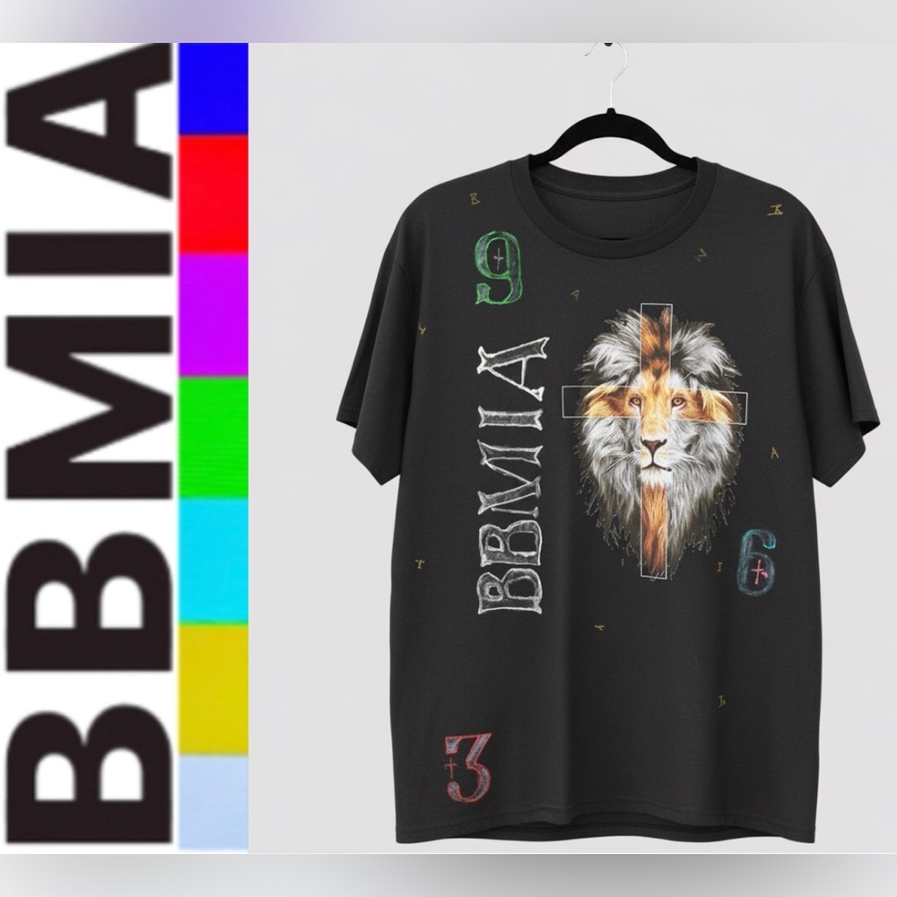 BBMIA Couture Custom Tee T-Shirt White Speckled Tee with Colorful Lettering Sz L